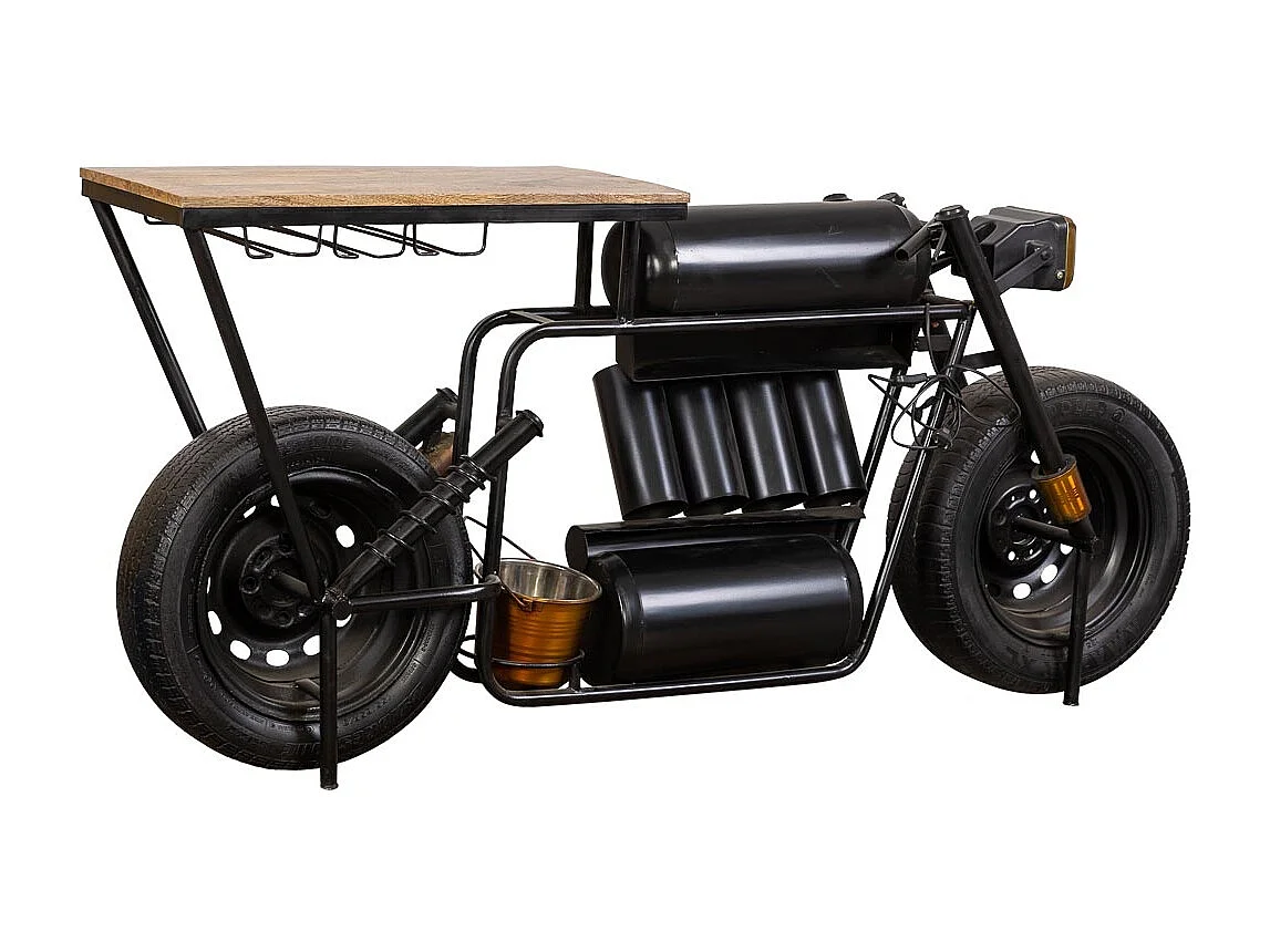 Motorrad-Flaschenhalter aus schwarzem Holz und Metall, 183 x 42 x 86 cm