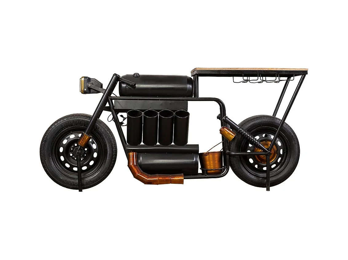 Barre porte-bouteilles moto en bois et métal noir 183x42x86h