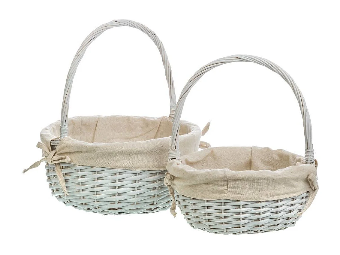 Set di 3 cestini in vimini bianchi foderati