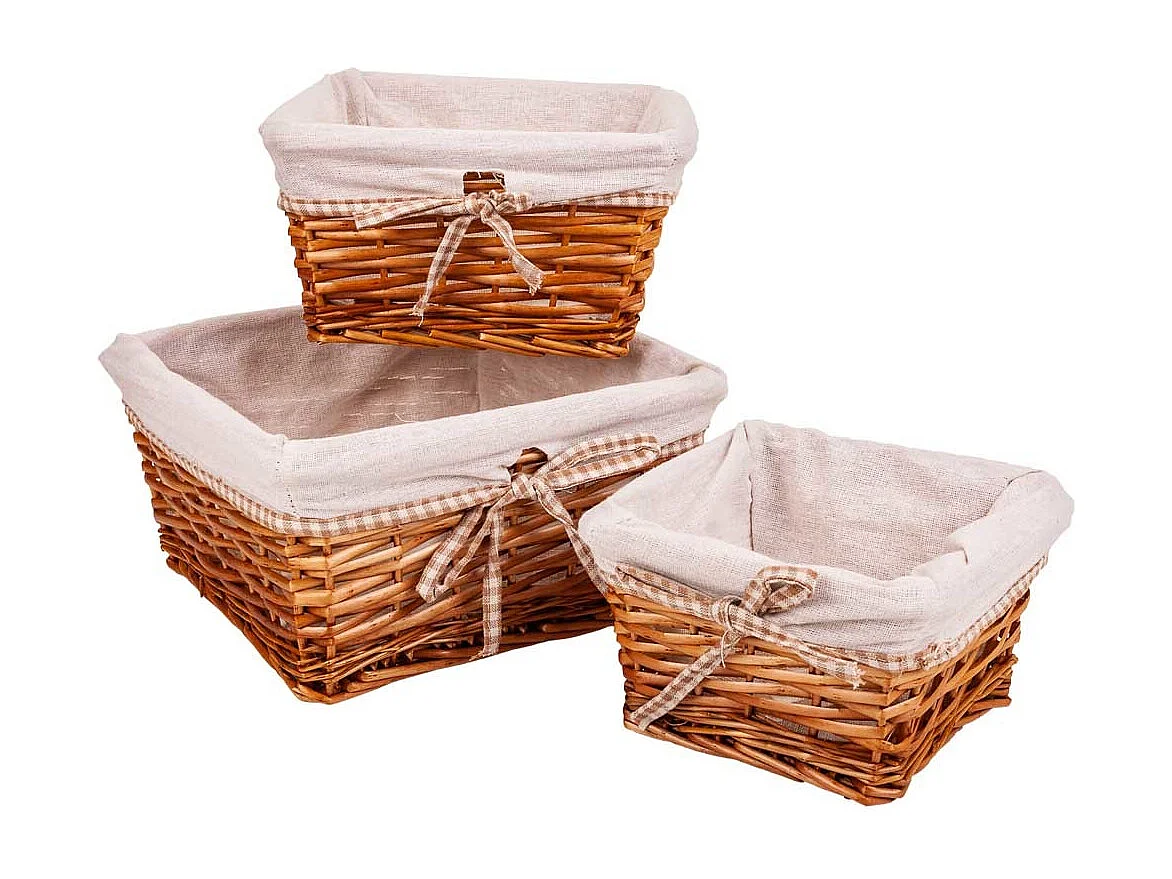 Set mit 3 braun gefütterten Weidenkörben
