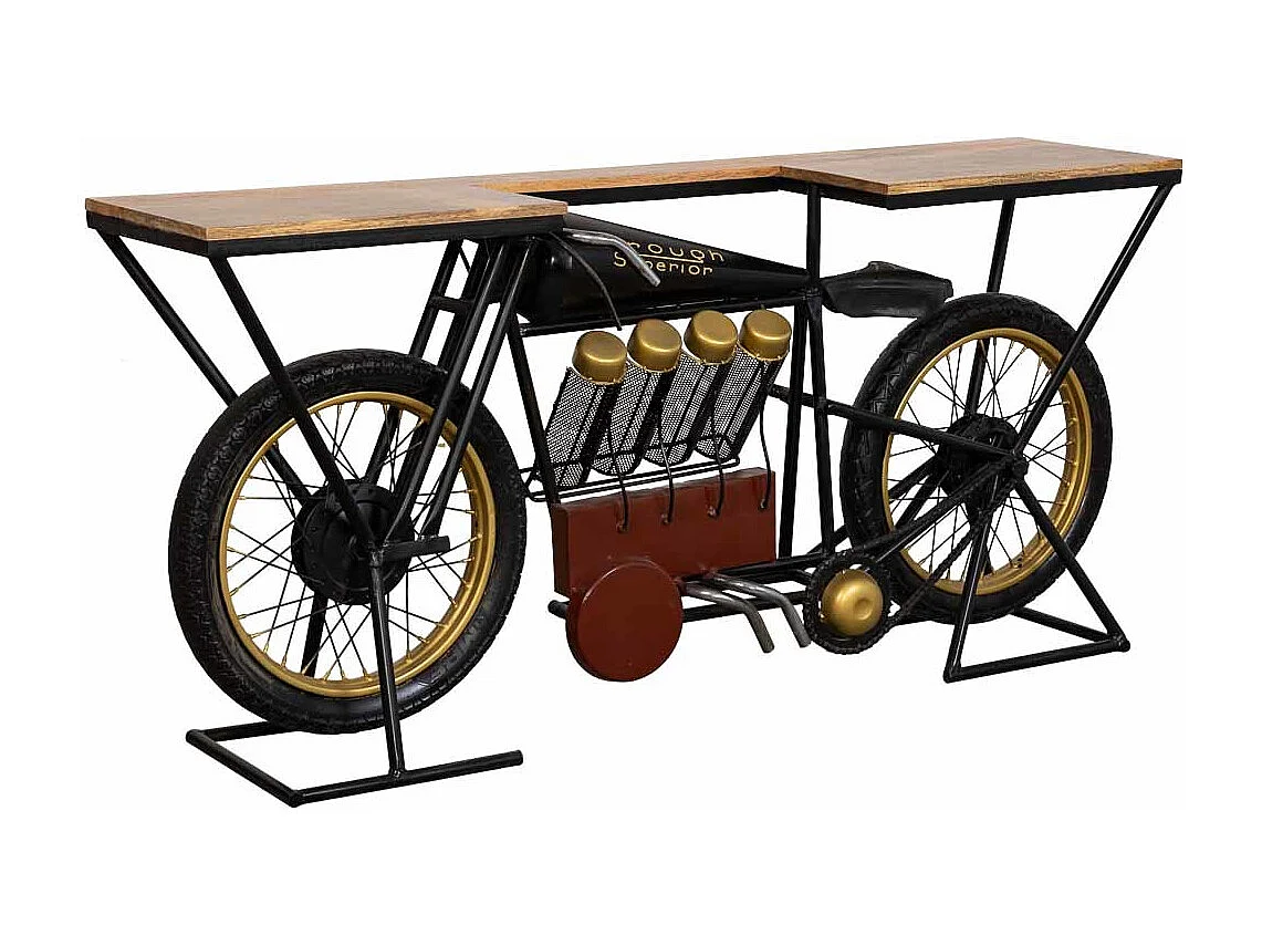 Console moto en bois et métal noir 183x43x86h