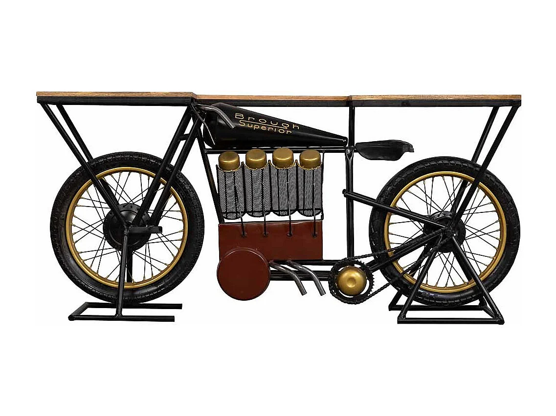 Console moto en bois et métal noir 183x43x86h