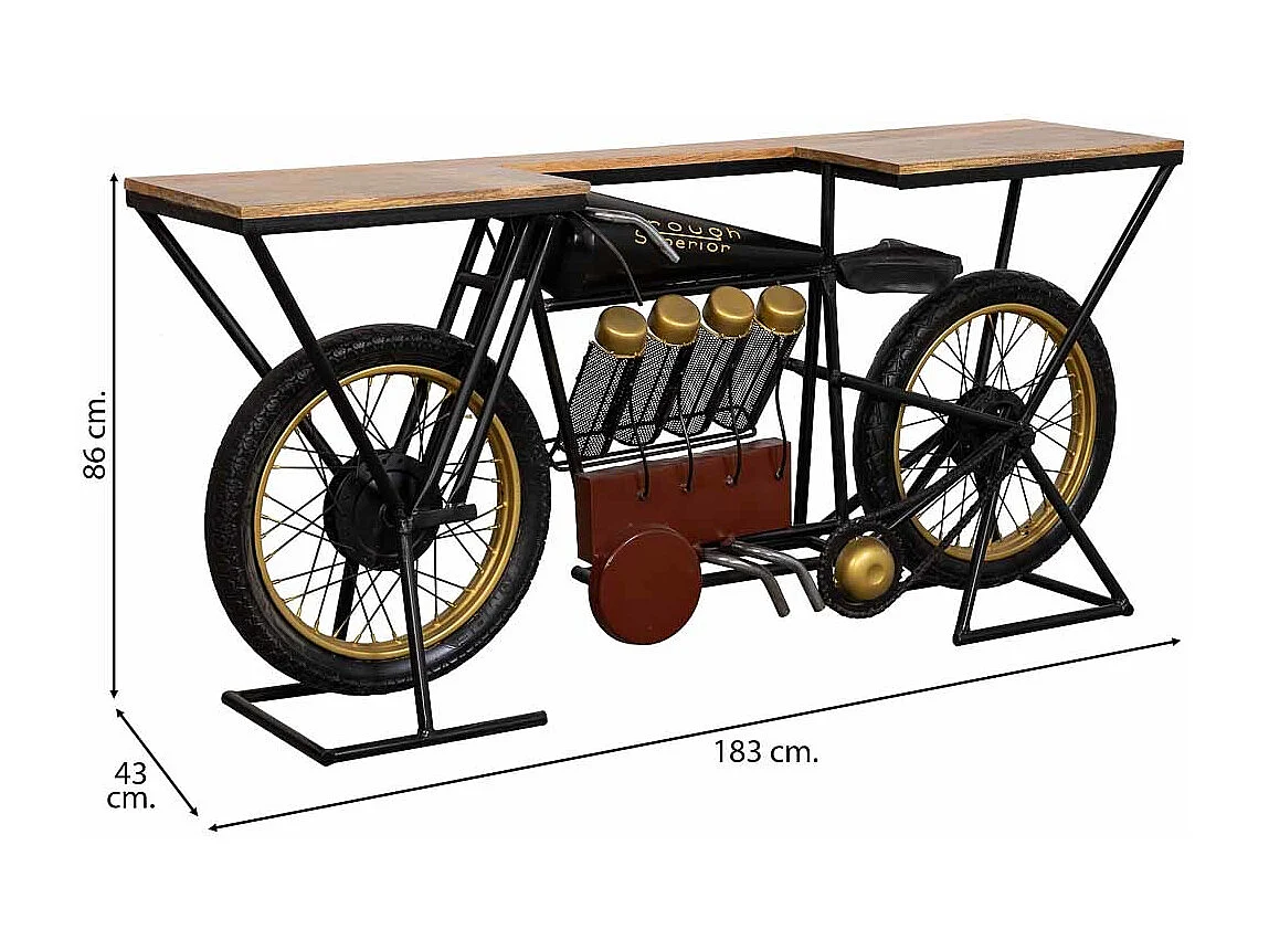 Console moto en bois et métal noir 183x43x86h