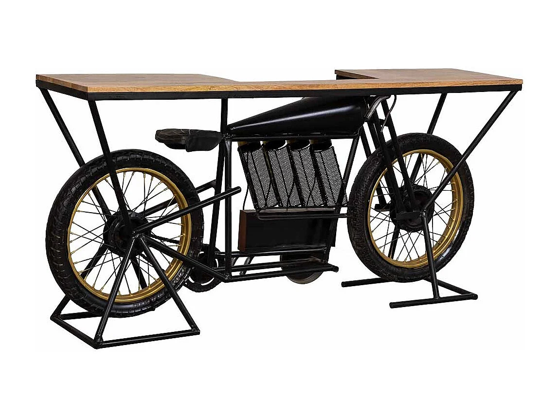 Console moto en bois et métal noir 183x43x86h