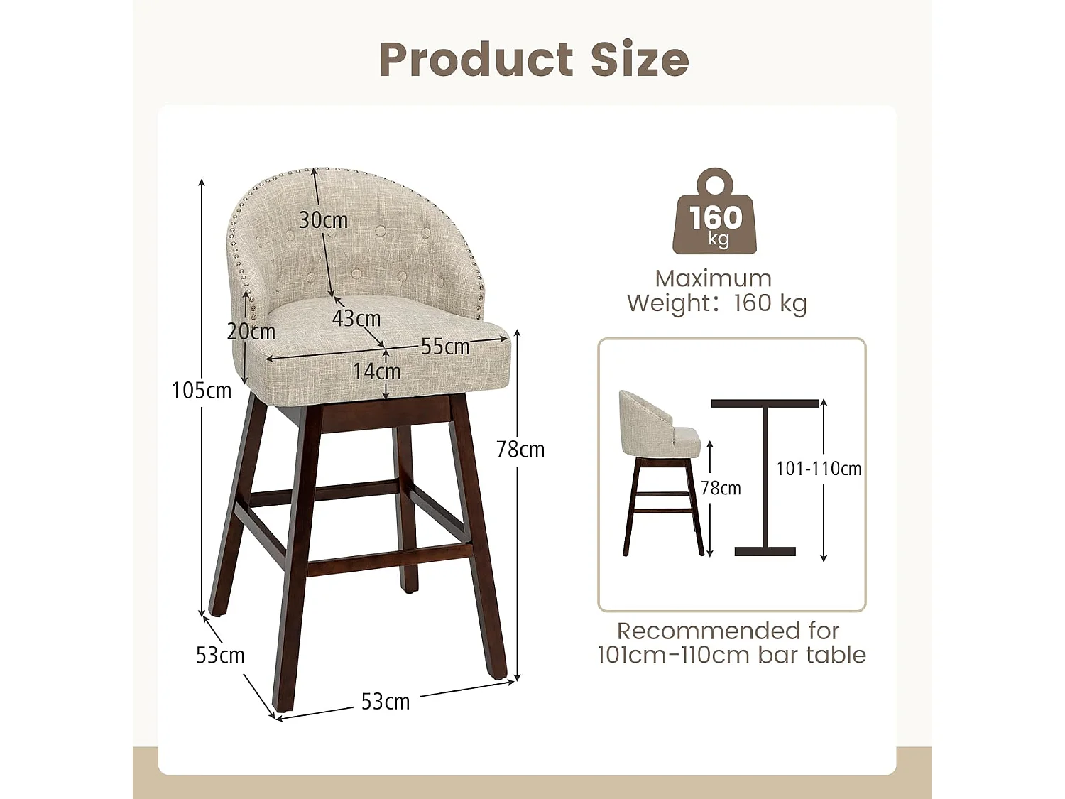 Chaise de Bar Pivotante (Lot de 2), Rembourré en Éponge, Pieds en Bois d'Hévéa (Beige)