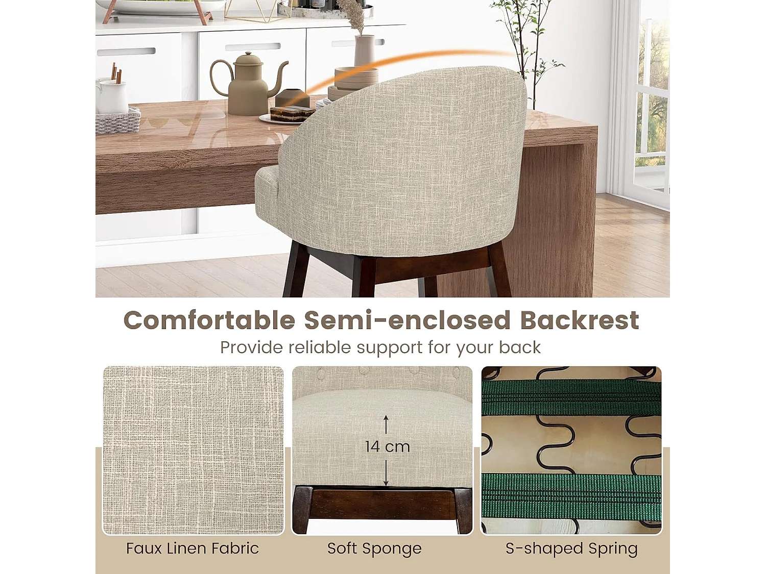 Chaise de Bar Pivotante (Lot de 2), Rembourré en Éponge, Pieds en Bois d'Hévéa (Beige)