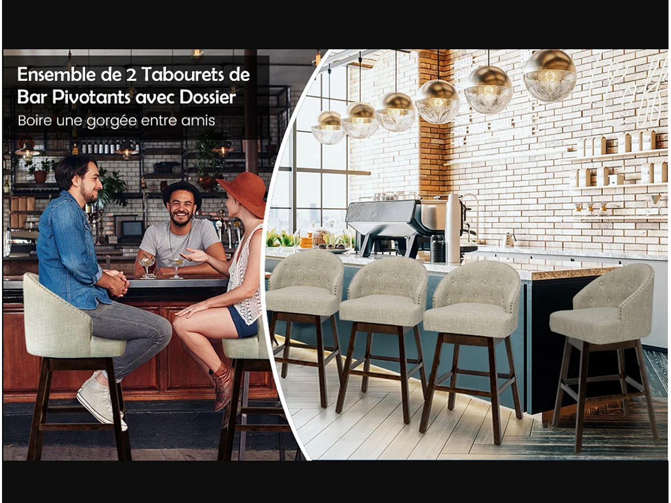 Chaise de Bar Pivotante (Lot de 2), Rembourré en Éponge, Pieds en Bois d'Hévéa (Beige)