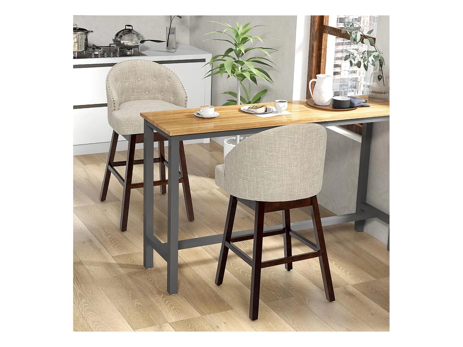 Chaise de Bar Pivotante (Lot de 2), Rembourré en Éponge, Pieds en Bois d'Hévéa (Beige)