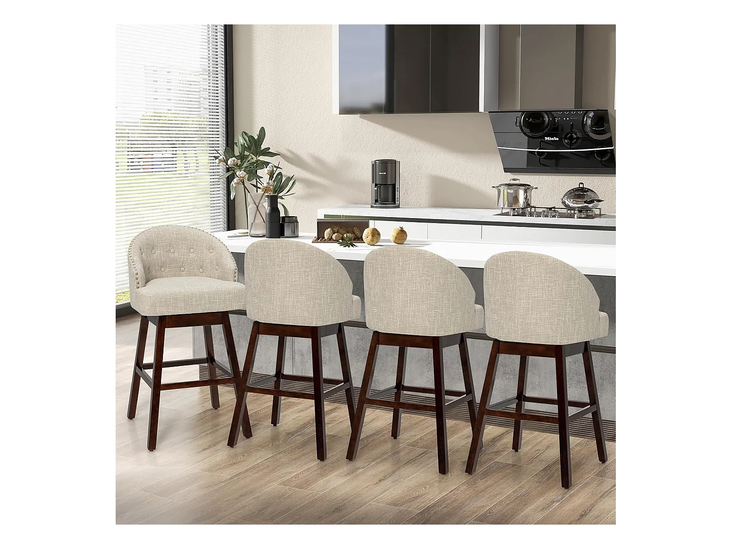 Chaise de Bar Pivotante (Lot de 2), Rembourré en Éponge, Pieds en Bois d'Hévéa (Beige)