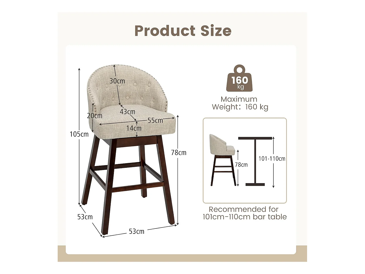 Chaise de Bar Pivotante (Lot de 2), Rembourré en Éponge, Pieds en Bois d'Hévéa (Beige)