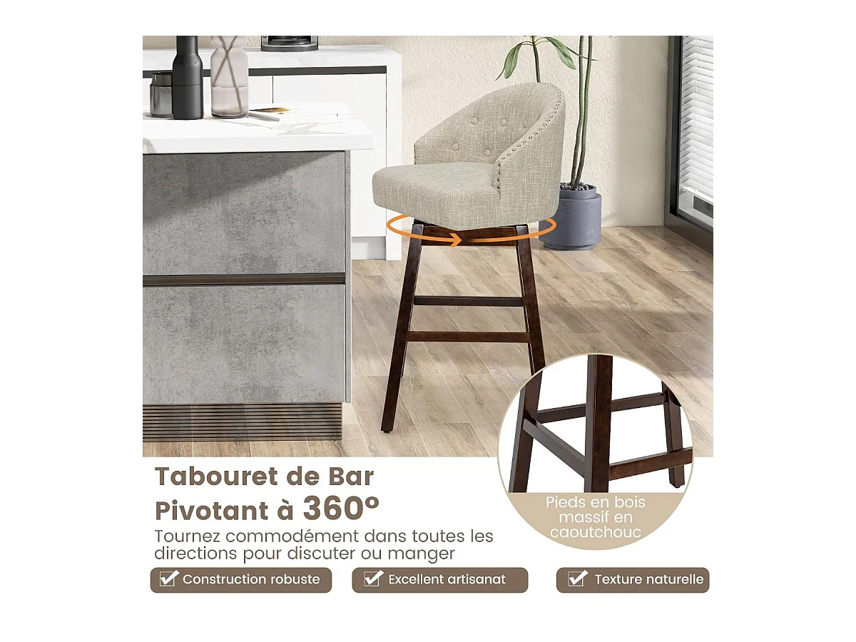 Chaise de Bar Pivotante (Lot de 2), Rembourré en Éponge, Pieds en Bois d'Hévéa (Beige)
