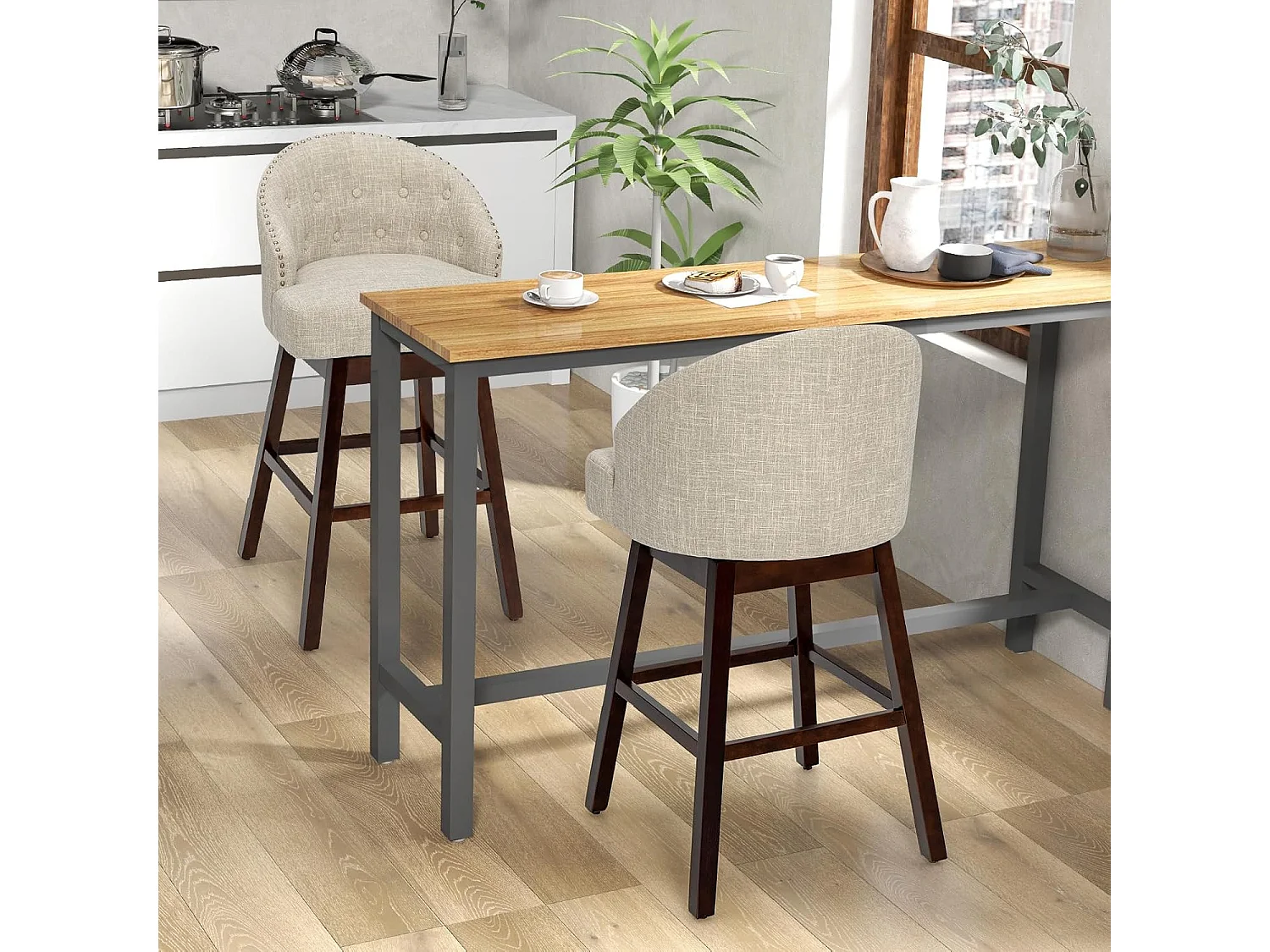 Chaise de Bar Pivotante (Lot de 2), Rembourré en Éponge, Pieds en Bois d'Hévéa (Beige)