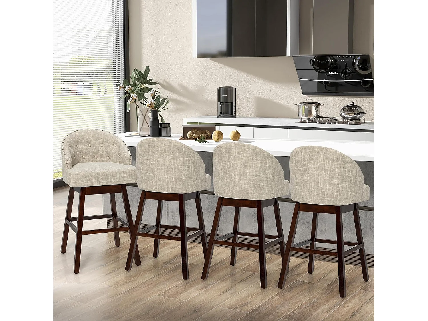 Chaise de Bar Pivotante (Lot de 2), Rembourré en Éponge, Pieds en Bois d'Hévéa (Beige)