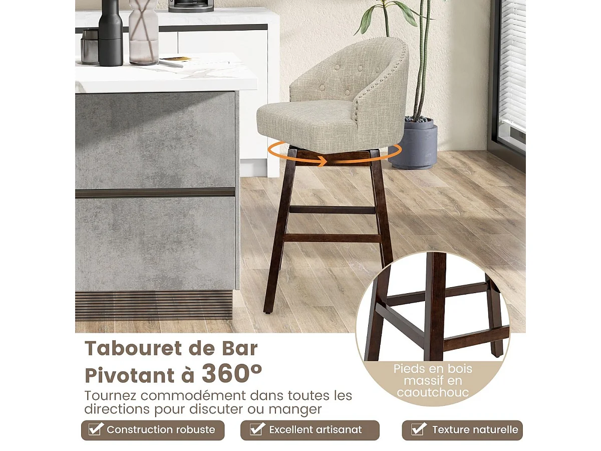 Chaise de Bar Pivotante (Lot de 2), Rembourré en Éponge, Pieds en Bois d'Hévéa (Beige)