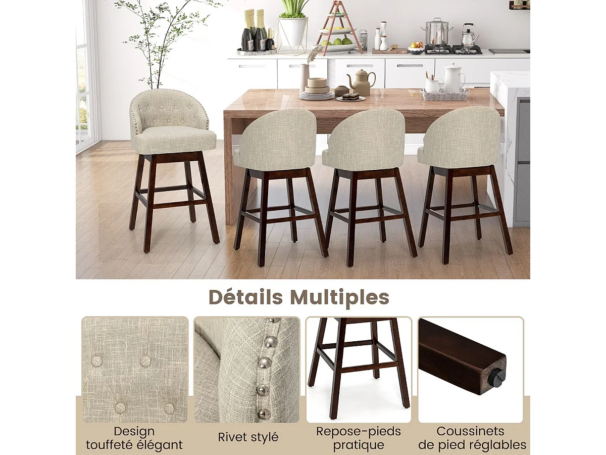 Chaise de Bar Pivotante (Lot de 2), Rembourré en Éponge, Pieds en Bois d'Hévéa (Beige)