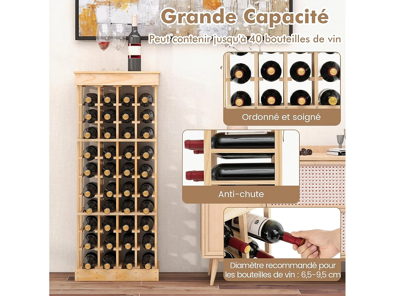 Étagère à Vin Casier à 40 Bouteilles, Range-bouteilles en Bois de Pin, <odulable 46,5 x 27,5 x 113 CM