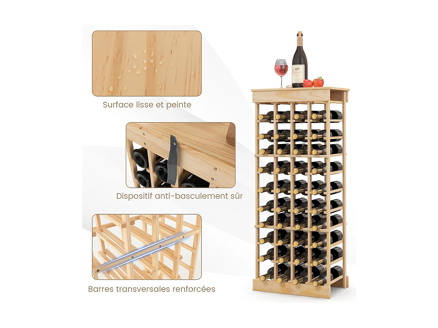 Étagère à Vin Casier à 40 Bouteilles, Range-bouteilles en Bois de Pin, <odulable 46,5 x 27,5 x 113 CM
