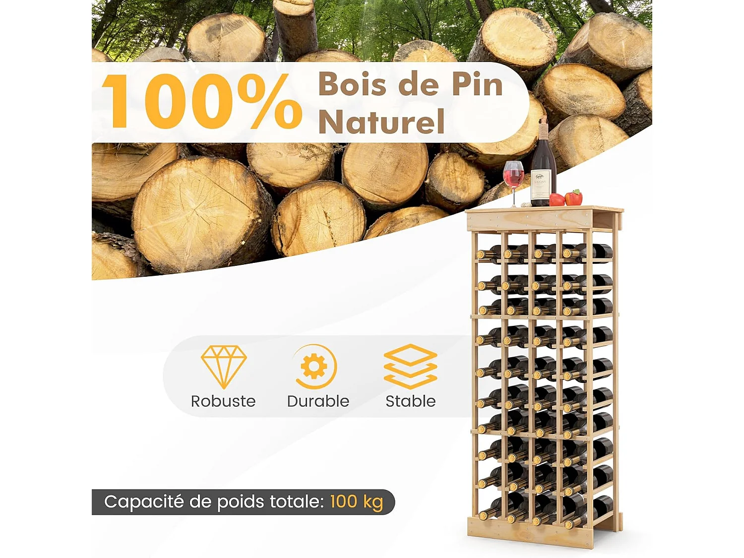 Étagère à Vin Casier à 40 Bouteilles, Range-bouteilles en Bois de Pin, <odulable 46,5 x 27,5 x 113 CM