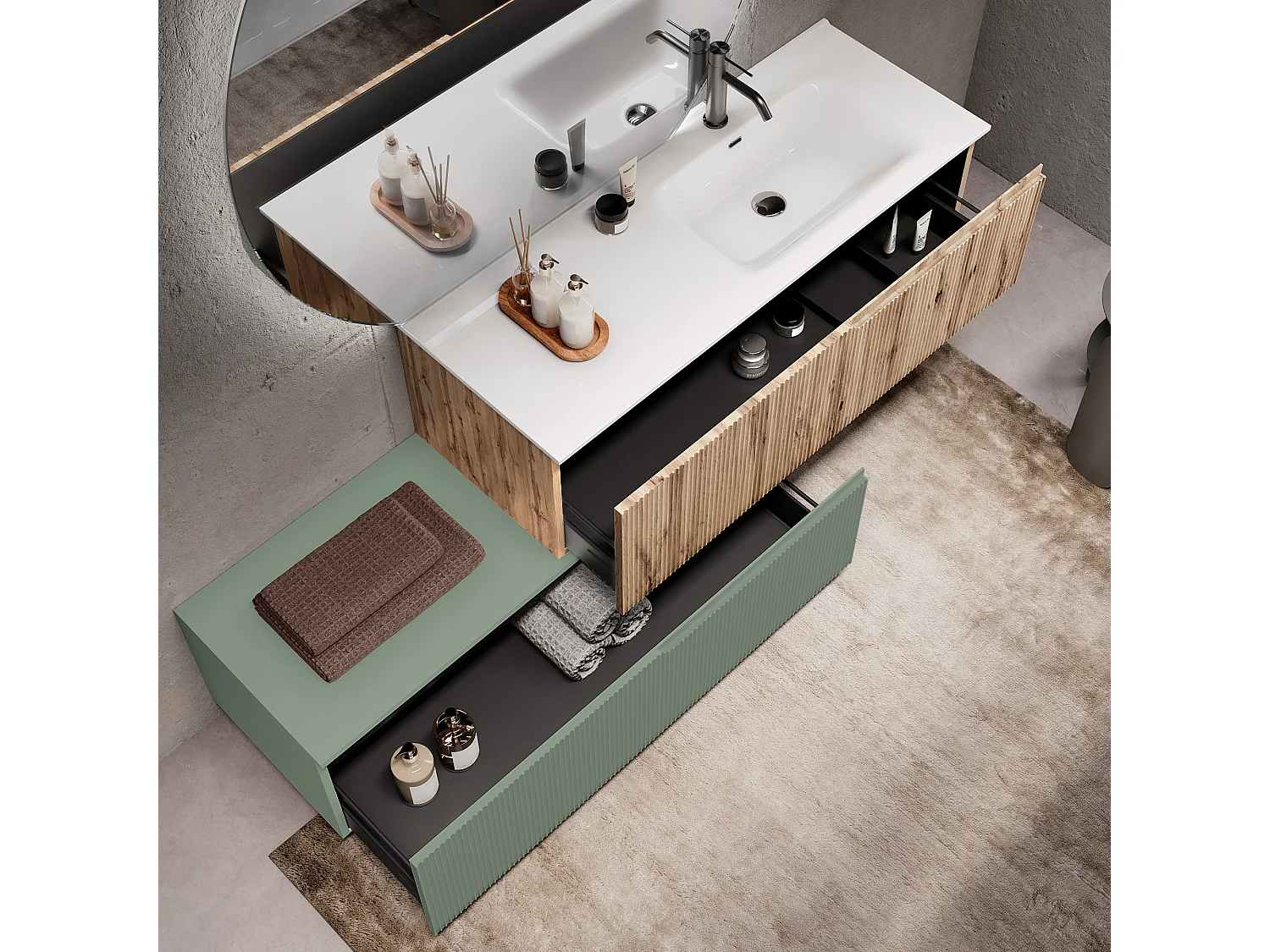 Composition vasque droite 4 pieces VENERE chène/vert sage