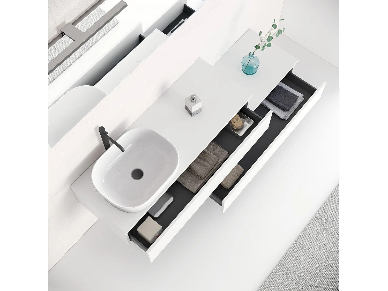 Mobile bagno sospeso con specchio e lavabo 5 pezzi Astra - Bianco