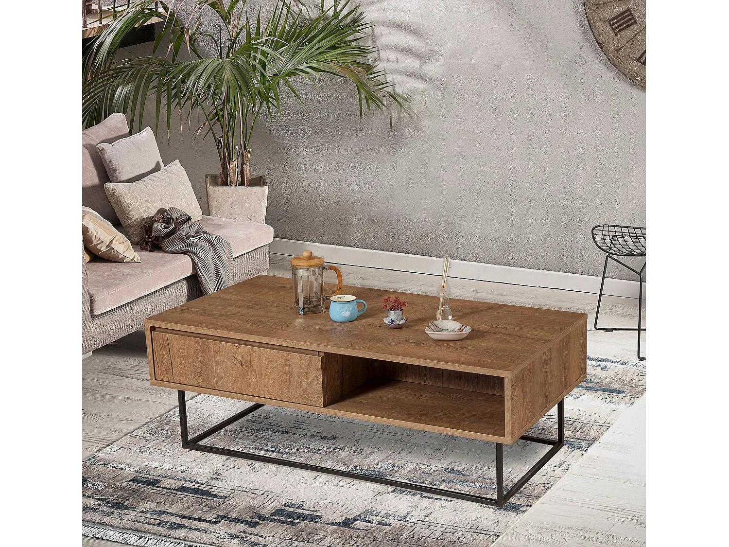 Table basse 1 tiroir Stela L120xH43cm Métal Noir et Bois Naturel