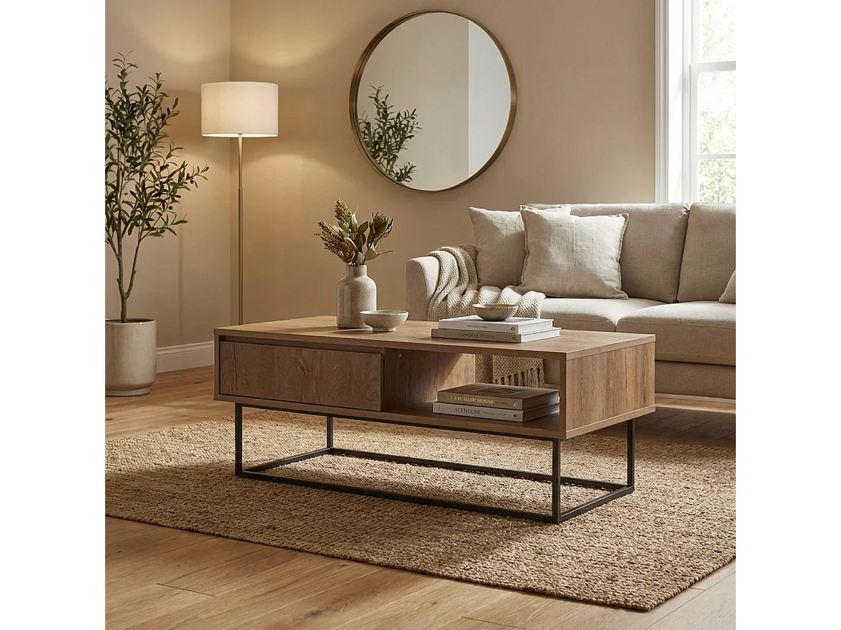 Moderner Couchtisch mit offenen Fach und Schublade aus Holz Dale