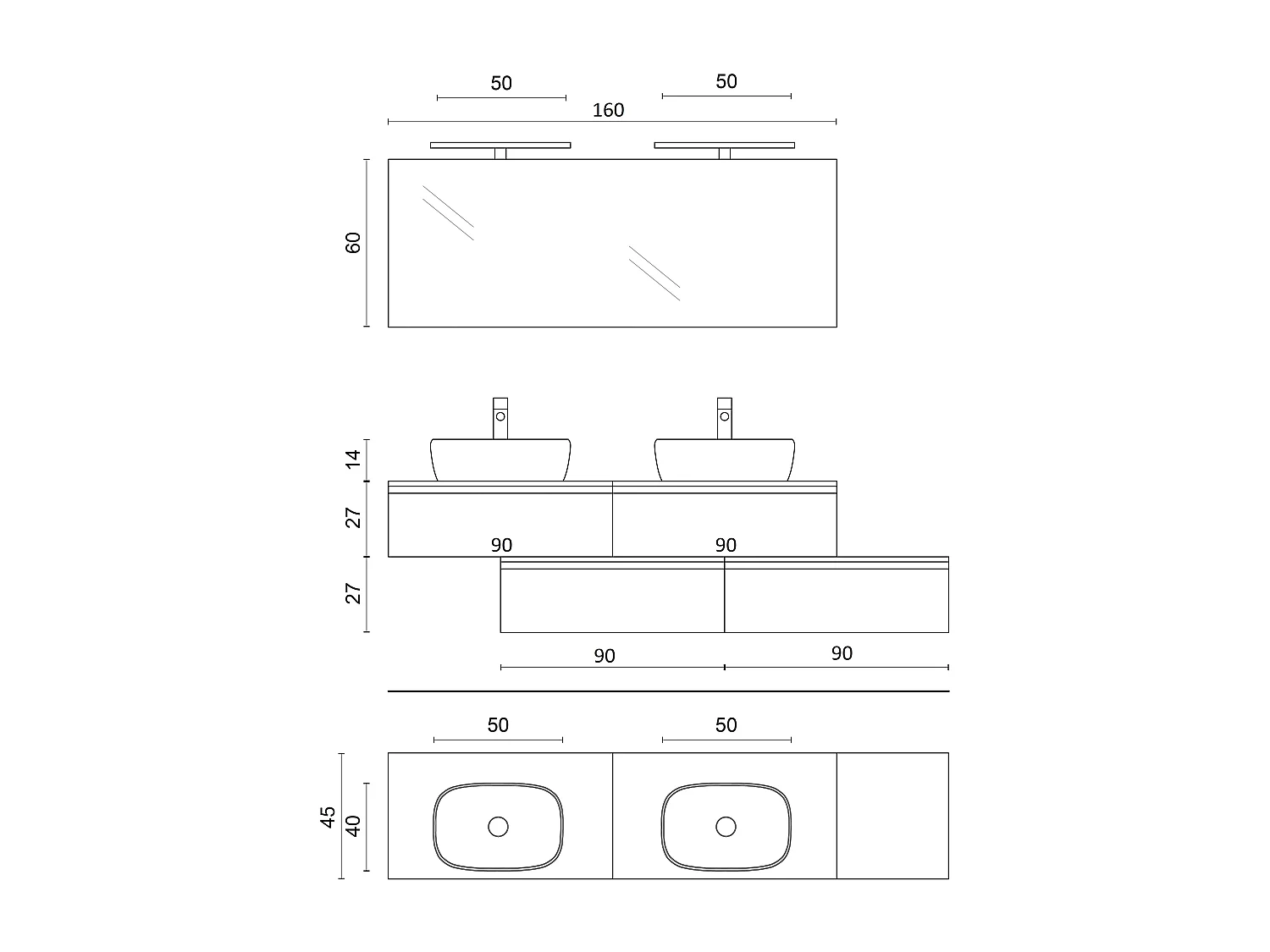Composição de lavatório duplo 9 peças ASTRA branco fosco