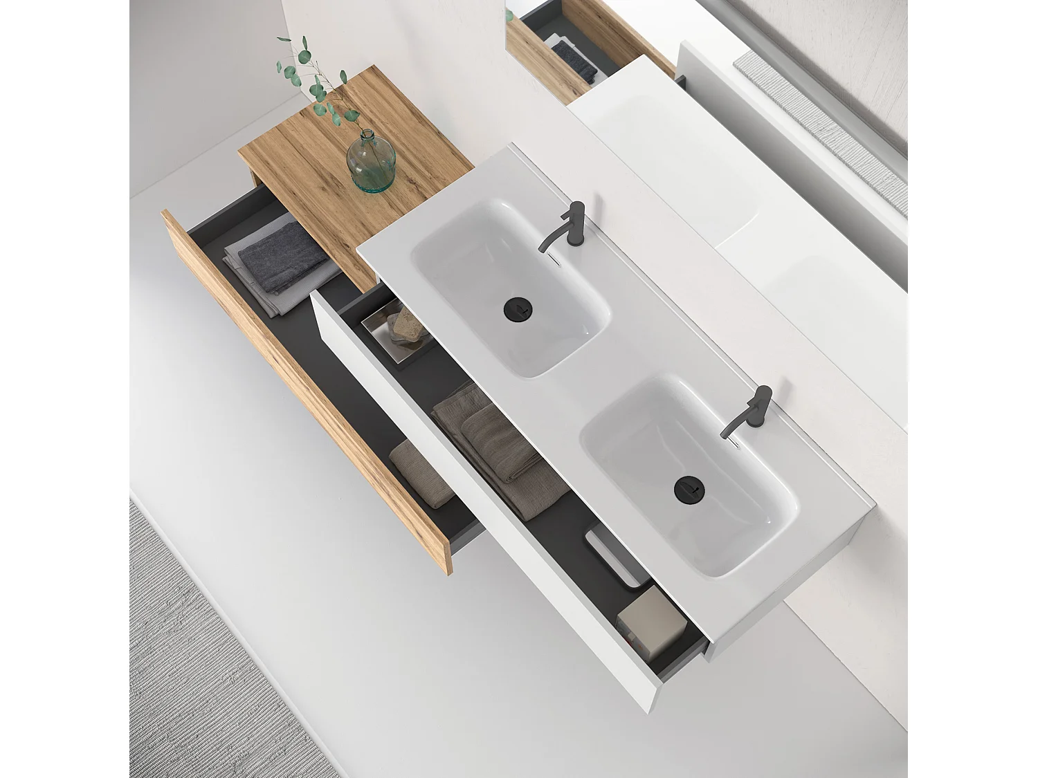 Composition double vasque 4 pieces ASTRA blanc/chene