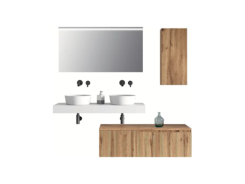 Composition d'èvier double 7 pièces VENERE en blanc/chène