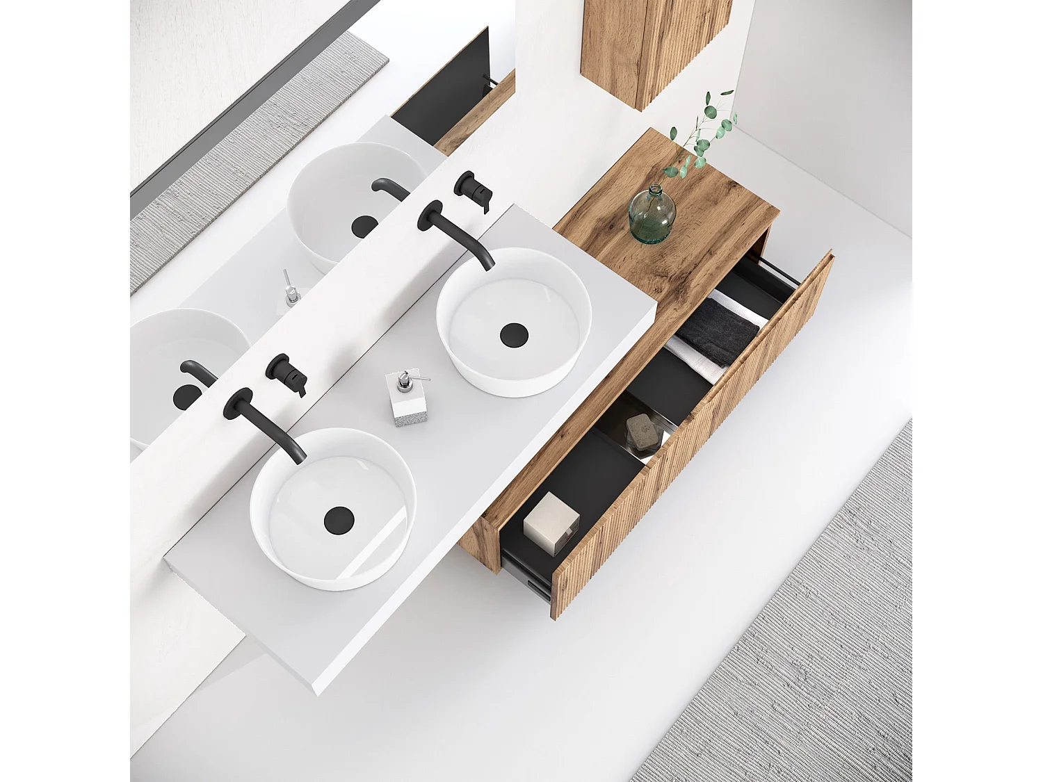 Composizione doppio lavabo 6 pezzi VENERE bianco / quercia