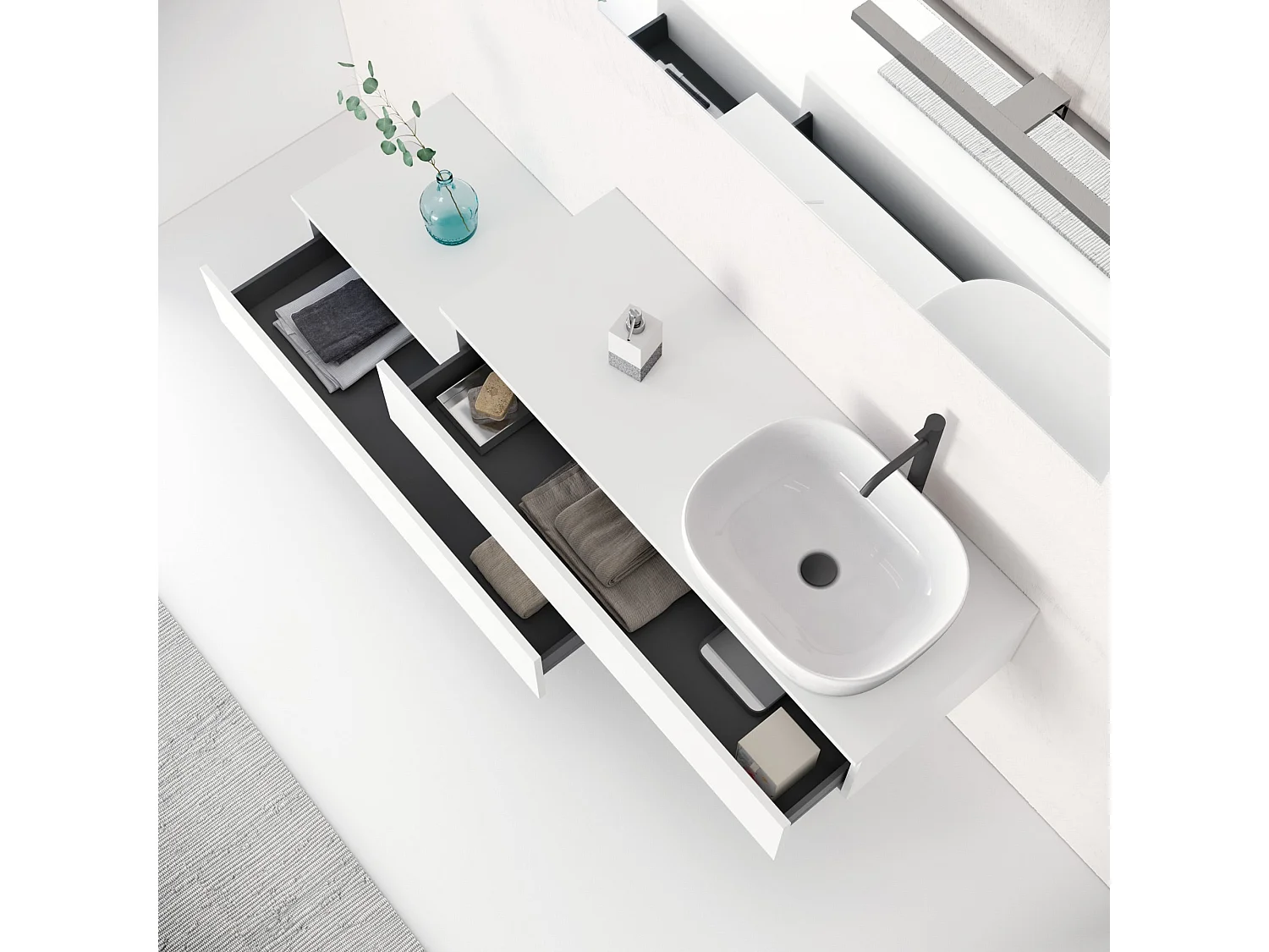 Móvil de baño suspendido con espejo y lavabo de 5 piezas Astra - Blanco