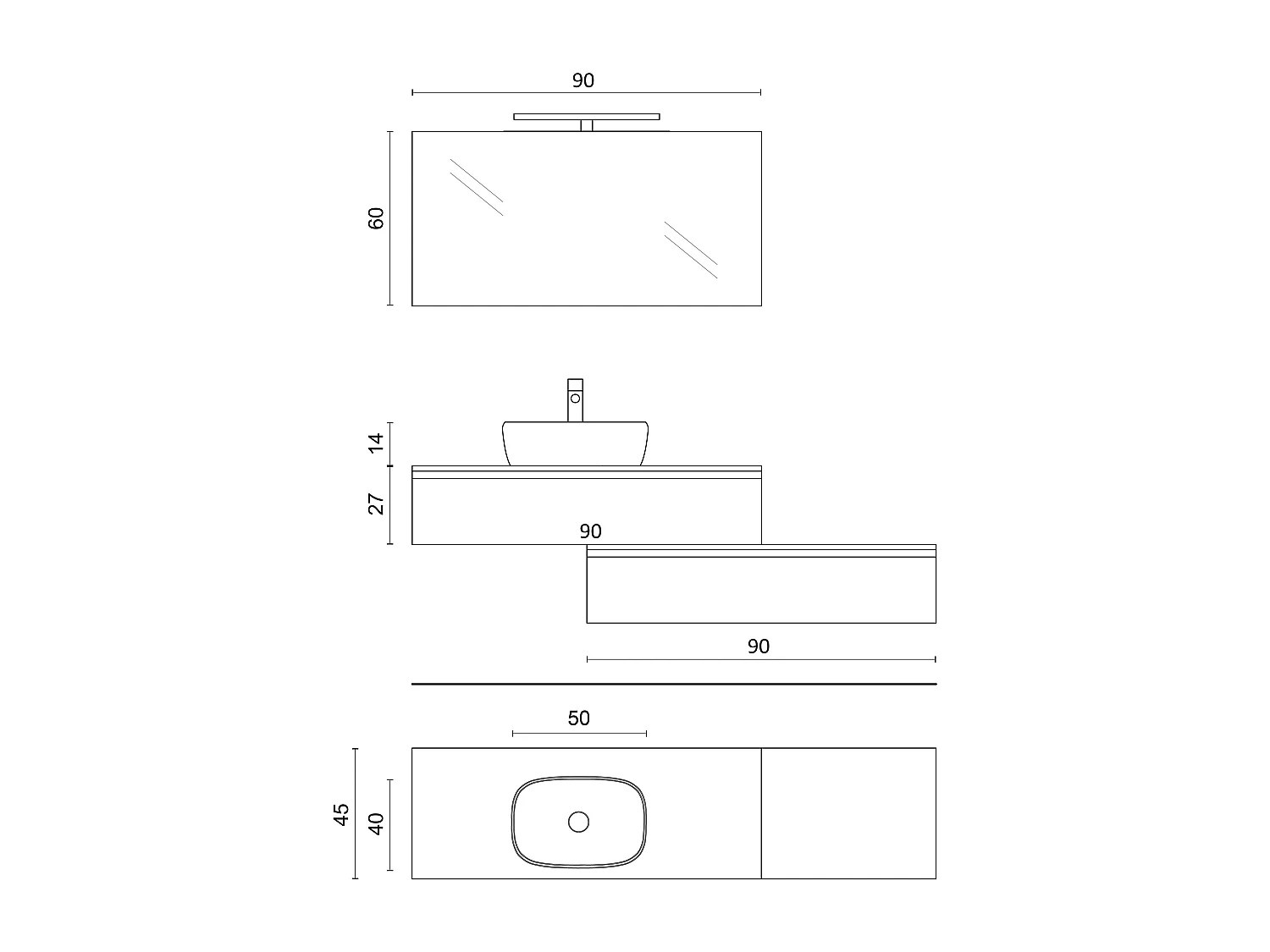 Móvil de baño suspendido con espejo y lavabo de 5 piezas Astra - Blanco