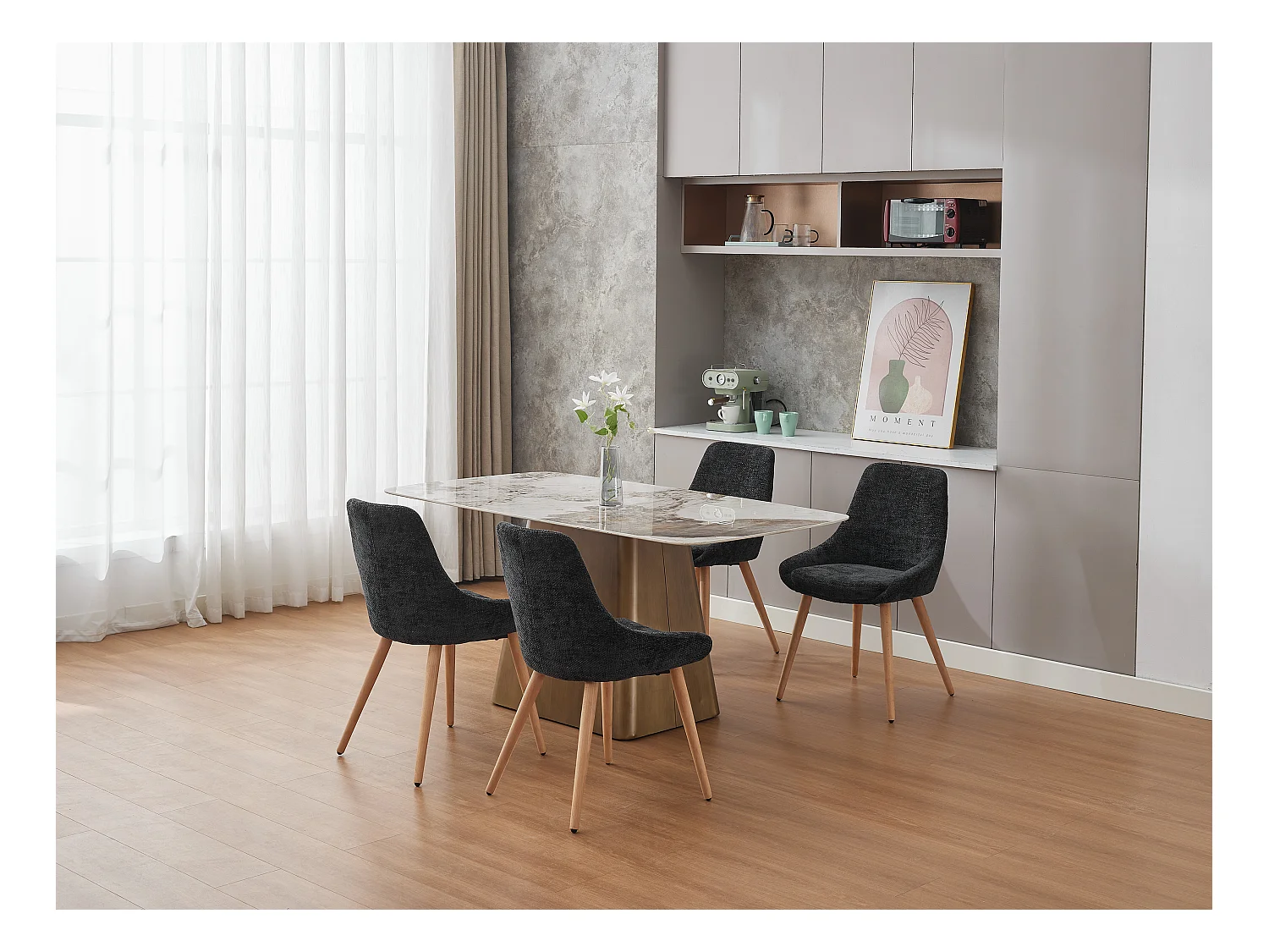 Lot de 6 chaises en tissu texturé et hêtre - Noir - MASURIE