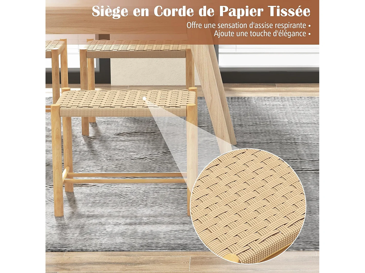 Lot de 2 tabourets de bar de 45 cm, siège en papier tissé, pieds en bois 56 x 36 x 45 cm