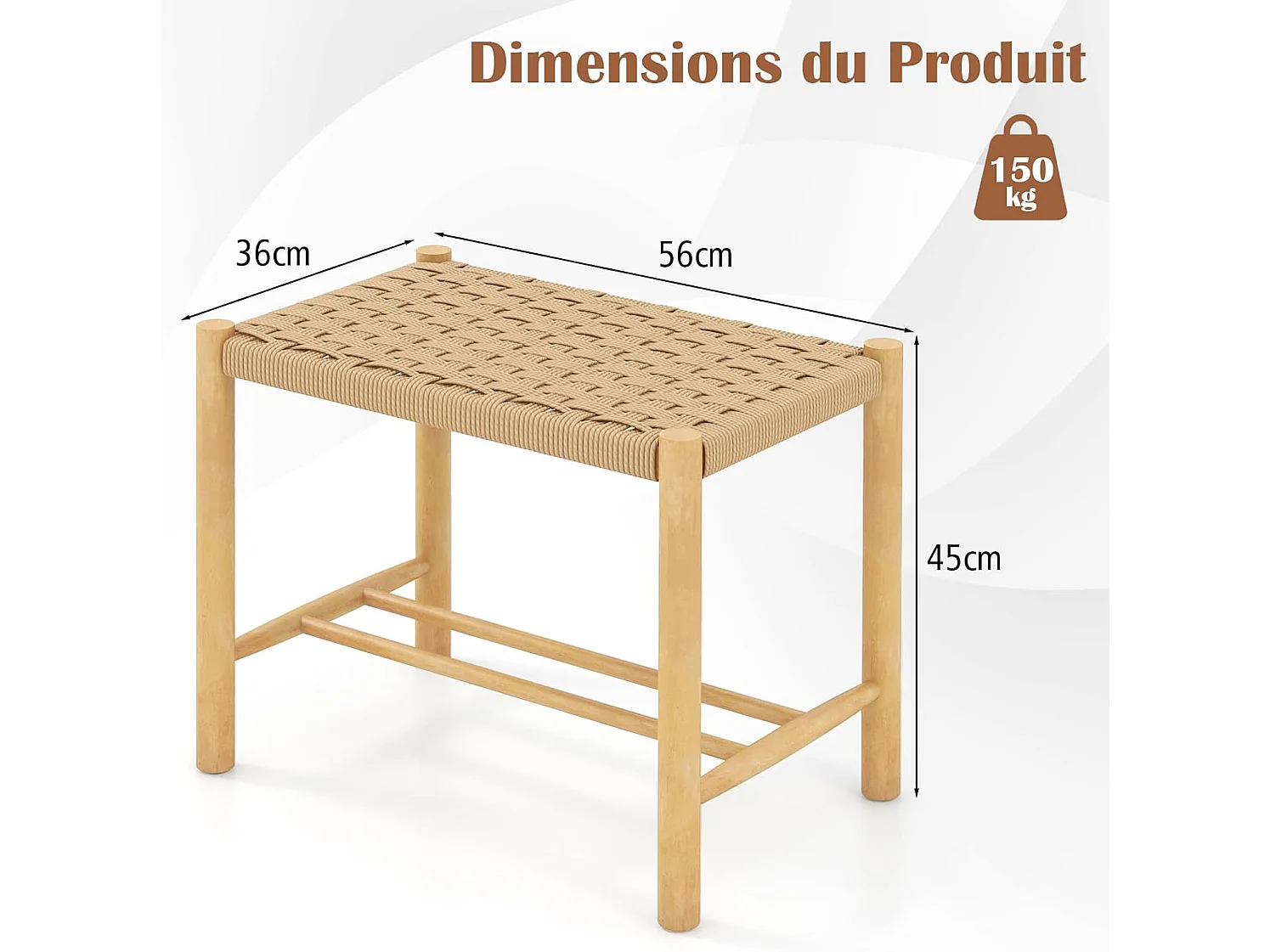 Lot de 2 tabourets de bar de 45 cm, siège en papier tissé, pieds en bois 56 x 36 x 45 cm