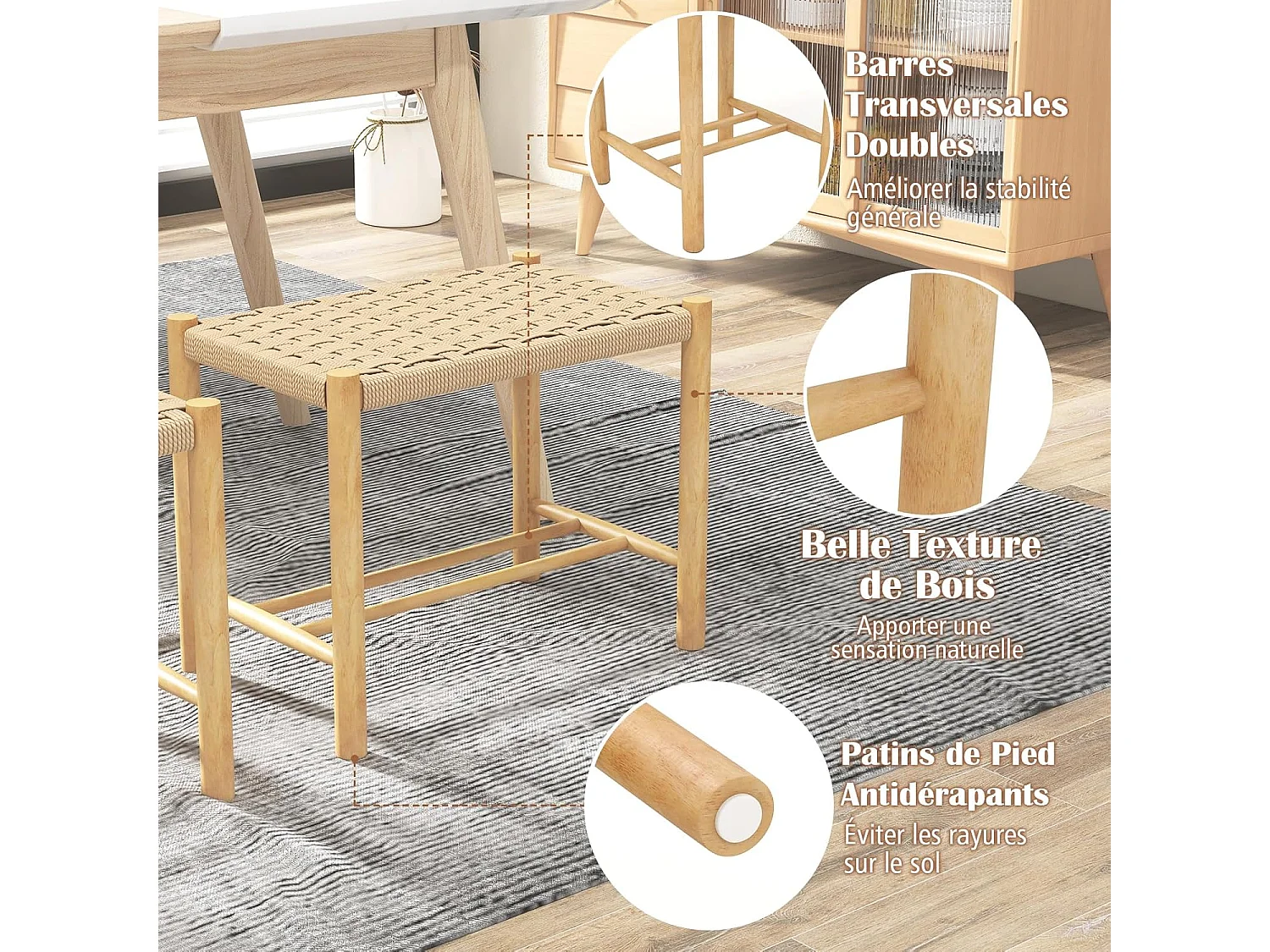 Lot de 2 tabourets de bar de 45 cm, siège en papier tissé, pieds en bois 56 x 36 x 45 cm