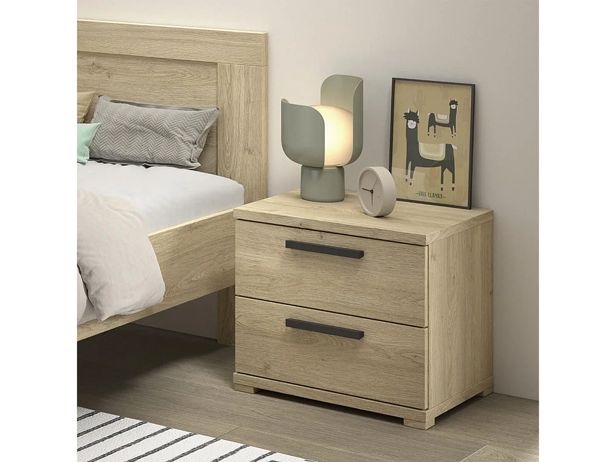 MARCO - Chevet 2 Tiroirs en Mélaminé haute densité Aspect Chêne clair
