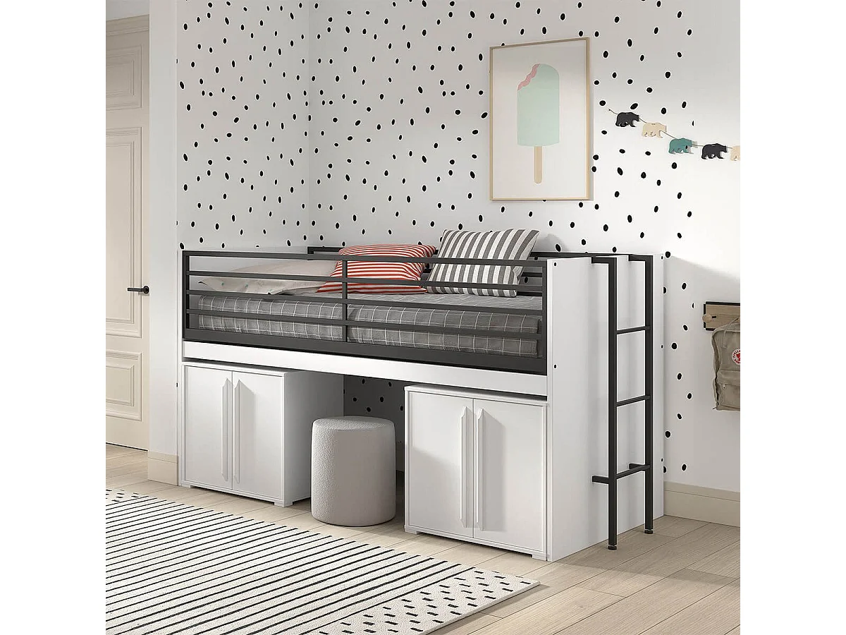 MARCO - Lit Surélevé Combiné 90x200cm Plateau coulissant avec Rangements 2P Blanc