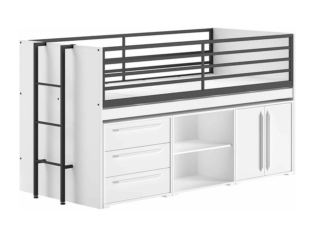 MARCO - Lit Surélevé Combiné 90x200cm Plateau coulissant avec Rangements Blanc