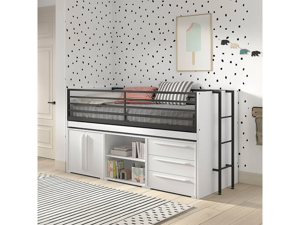 MARCO - Lit Surélevé Combiné 90x200cm Plateau coulissant avec Rangements Blanc