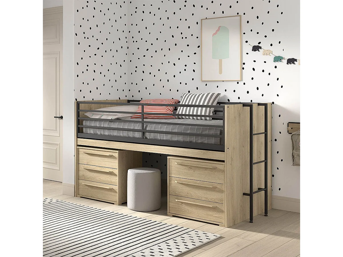 MARCO - Lit Surélevé Combiné 90x200cm Plateau coulissant avec Rangements 3T Aspect Chêne