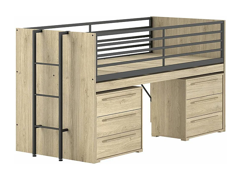 MARCO - Lit Surélevé Combiné 90x200cm Plateau coulissant avec Rangements 3T Aspect Chêne