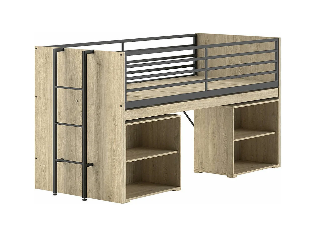 MARCO - Lit Surélevé Combiné 90x200cm Plateau coulissant avec Etagères Aspect Chêne clair
