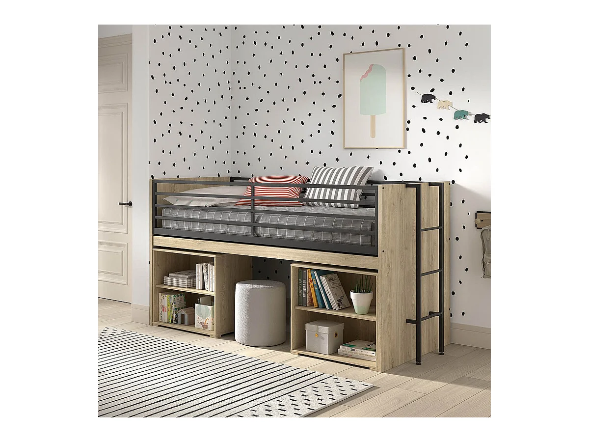 MARCO - Lit Surélevé Combiné 90x200cm Plateau coulissant avec Etagères Aspect Chêne clair