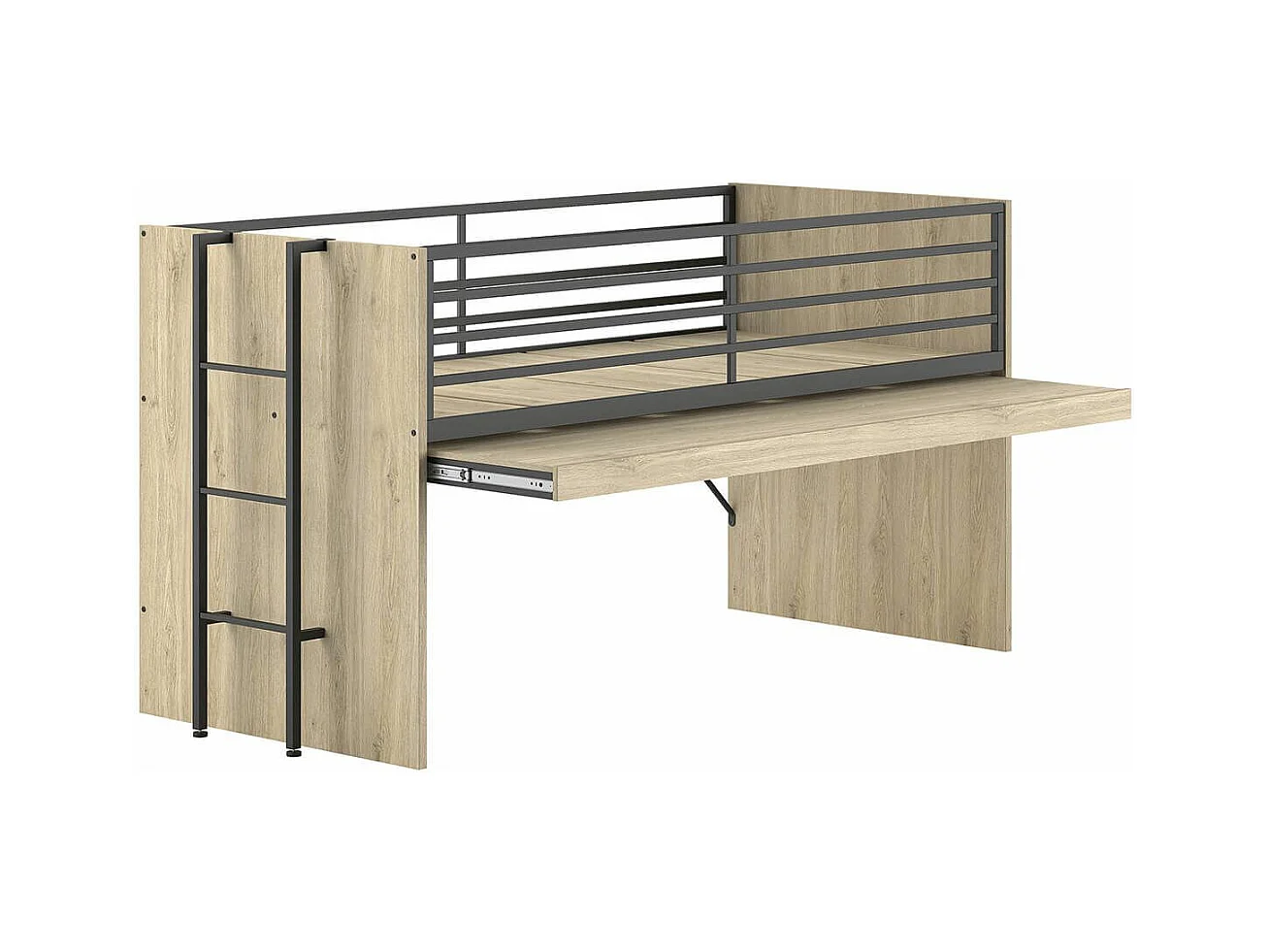 MARCO - Lit Surélevé Combiné 90x200cm Plateau coulissant avec Etagères Aspect Chêne clair