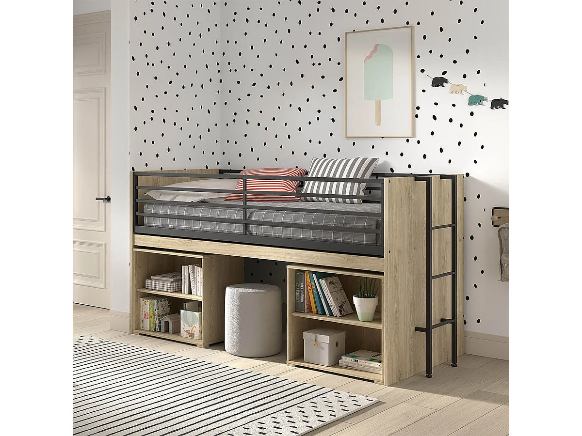MARCO - Lit Surélevé Combiné 90x200cm Plateau coulissant avec Etagères Aspect Chêne clair