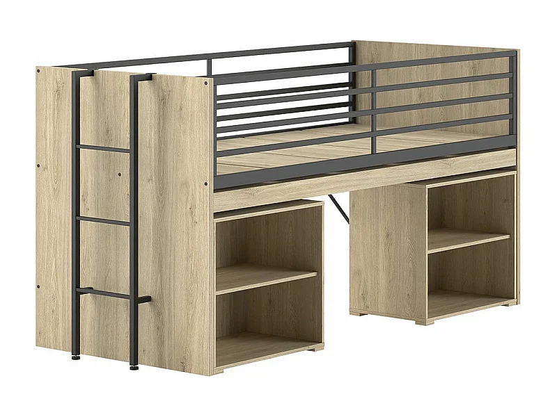 MARCO - Lit Surélevé Combiné 90x200cm Plateau coulissant avec Etagères Aspect Chêne clair
