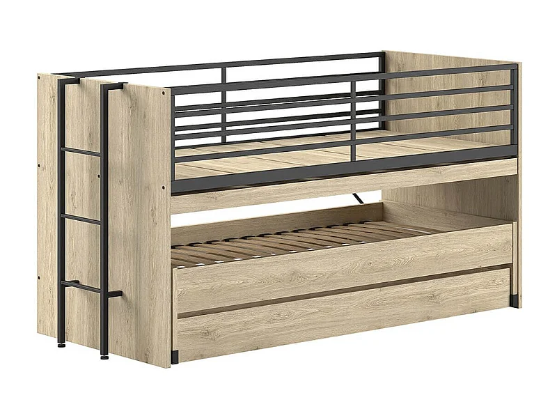 MARCO - Lit Surélevé Gigogne 90x200cm avec Plateau Bureau Coulissant Aspect Chêne clair