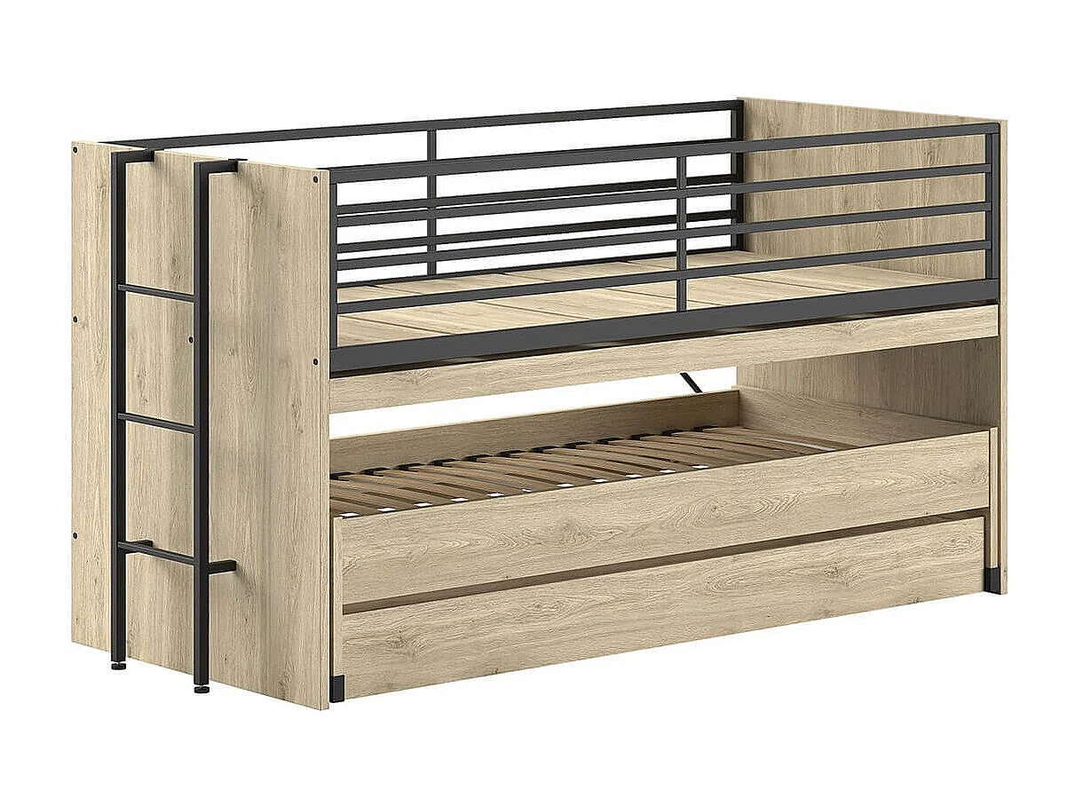 MARCO - Lit Surélevé Gigogne 90x200cm avec Plateau Bureau Coulissant Aspect Chêne clair