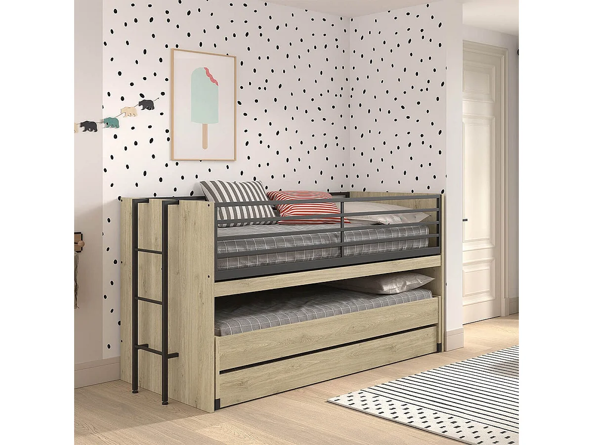 MARCO - Lit Surélevé Gigogne 90x200cm avec Plateau Bureau Coulissant Aspect Chêne clair